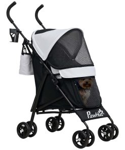 Umbrella Structure Dog Stroller, Lightweight & Portable Dog Pram w/ Shoulder Strap, Storage Bag & Cup Holder, Light Grey