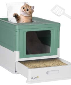 Hooded Cat Litter Box, Portable Pet Toilet, with Scoop, Front Entry - Green