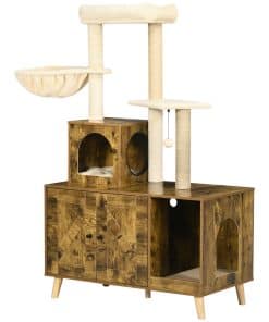 Cat Litter Box Enclosure, with Tree Tower, Cat House, Hammock, Cushion - Rustic Brown