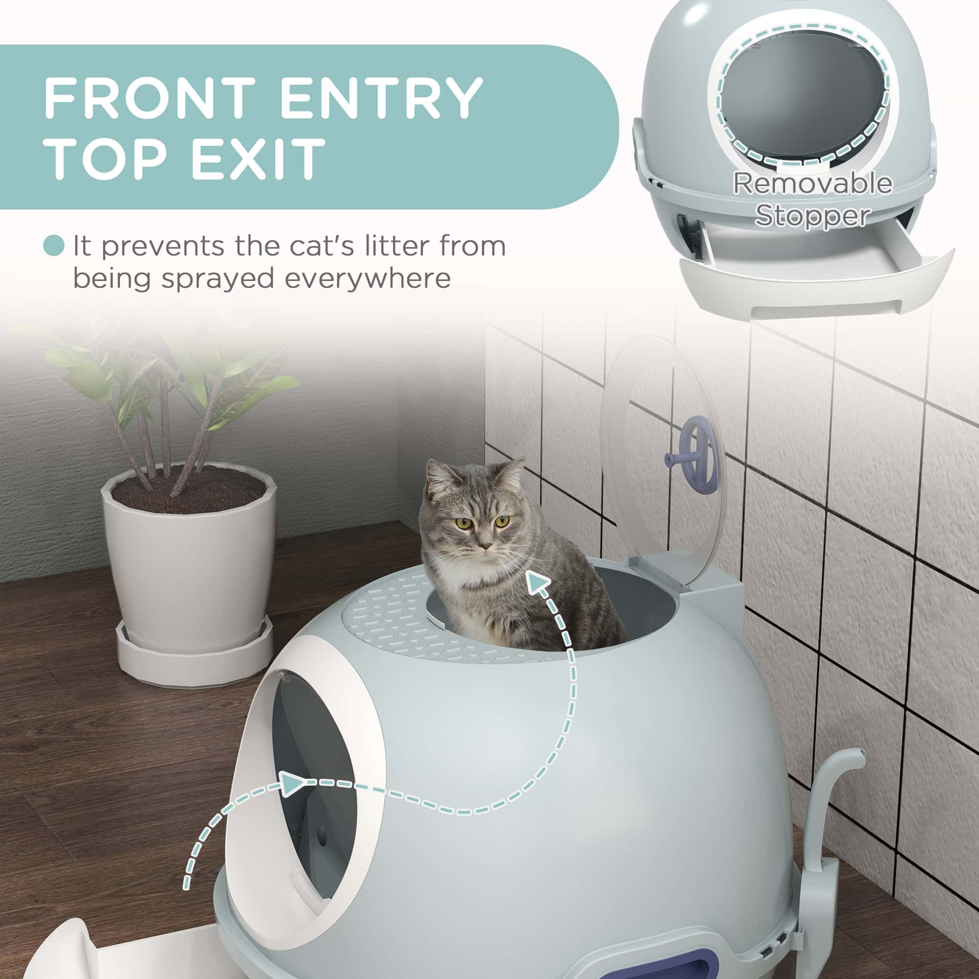Cat Litter Box Toilet with Litter Scoop Enclosed Drawer, Front Entry Top Exit, Easy To Clean Blue - Image 5