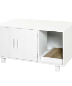 Wooden Cat Litter Box Enclosure & House with Nightstand/End Table Design, Scratcher, & Magnetic Doors, White