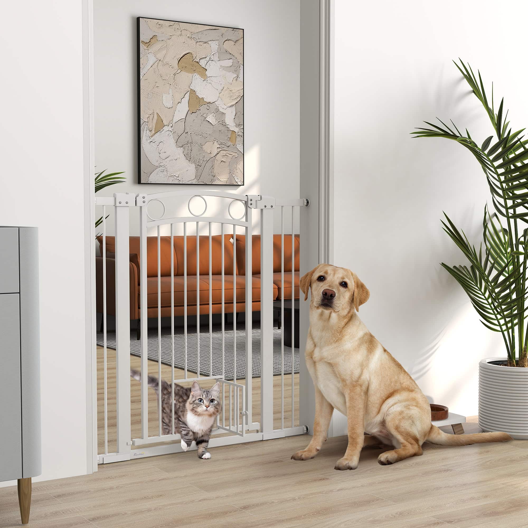 106cm Tall Dog Gate with Cat Door, 7cm and 14cm Extensions, for Stairs, Doorways, 76-104cm Width - Image 2