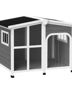 Wooden Dog Kennel with Removable Floor, Asphalt and Openable Roof, Giant Window for Large Dogs, Charcoal Grey