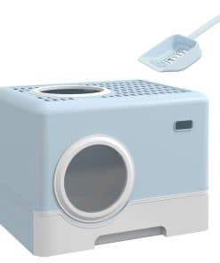 Enclosed Cat Litter Box, with Lid, Front Entry, Top Exit, Pull-Out Tray, Scoop - Blue