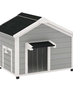 Wooden Dog House Outdoor with Openable Roof, Removable Floor, Curtain, Elevated Feet, for Medium Dogs, Light Grey
