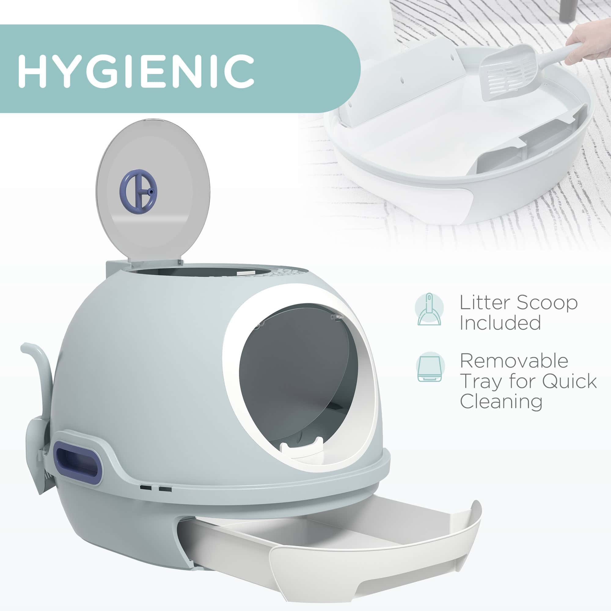 Cat Litter Box Toilet with Litter Scoop Enclosed Drawer, Front Entry Top Exit, Easy To Clean Blue - Image 4