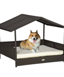 Wicker Dog House, Rattan Pet Bed, with Removable Cushion, Canopy, for Small and Medium Dogs - Cream