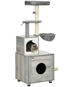 Enclosed Cat Litter Box with Cat House, Cat Bed, Scratching Posts, Platforms, for Indoor Cats - Grey
