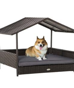 Wicker Dog Bed, Elevated Rattan Dog House with Removable Cushion and Canopy, for Small and Medium Dogs, 98 x 69 x 70cm - Grey