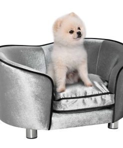 Dog Sofa Pet Chair, Kitten Bed Couch w/ Wooden Frame, Removable Cushion - Silver-Tone and Grey