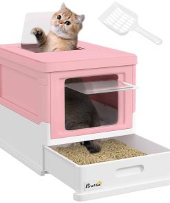 Hooded Cat Litter Box, Portable Pet Toilet, with Scoop, Front Entry - Pink