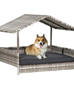 Wicker Dog House, Rattan Pet Bed, with Removable Cushion, Canopy, for Small and Medium Dogs - Dark Grey