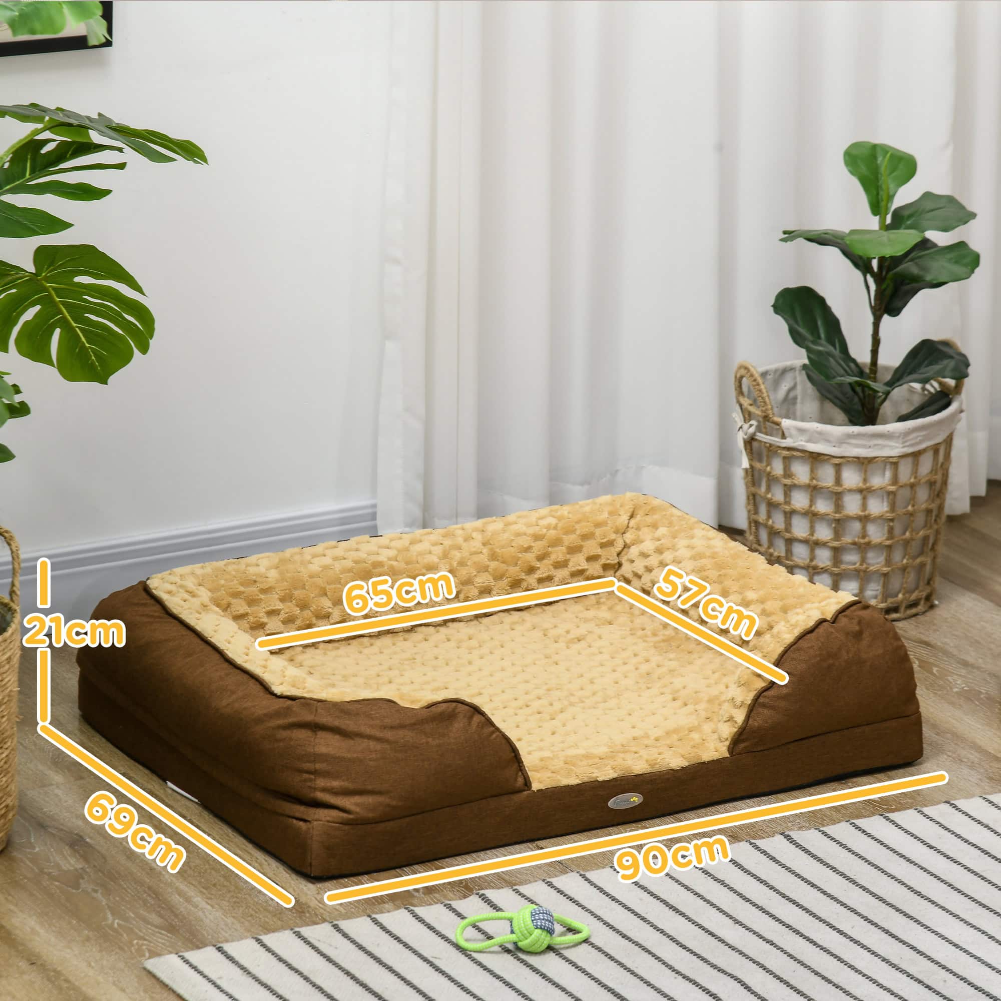 Calming Dog Bed Pet Mattress w/ Removable Cover, Anti-Slip Bottom, for Medium Dogs, 90L x 69W x 21Hcm - Brown - Image 3