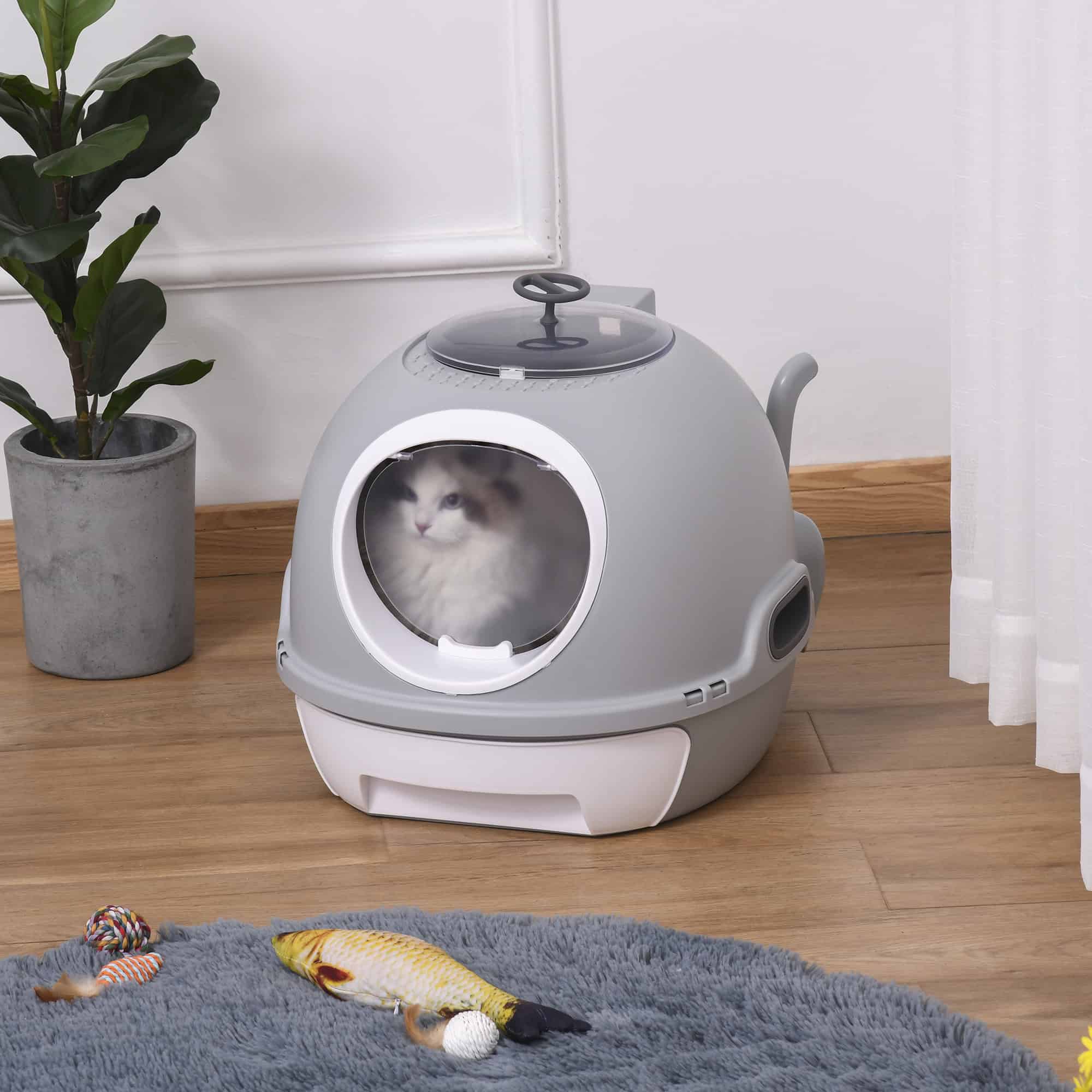 Cat Litter Box Toilet with Litter Scoop Enclosed Drawer, Front Entry Top Exit, Easy To Clean Grey - Image 2