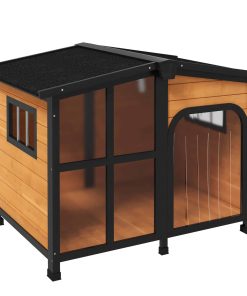 Wooden Dog Kennel with Removable Floor, Asphalt and Openable Roof, Large Window, for Large Dogs, Yellow