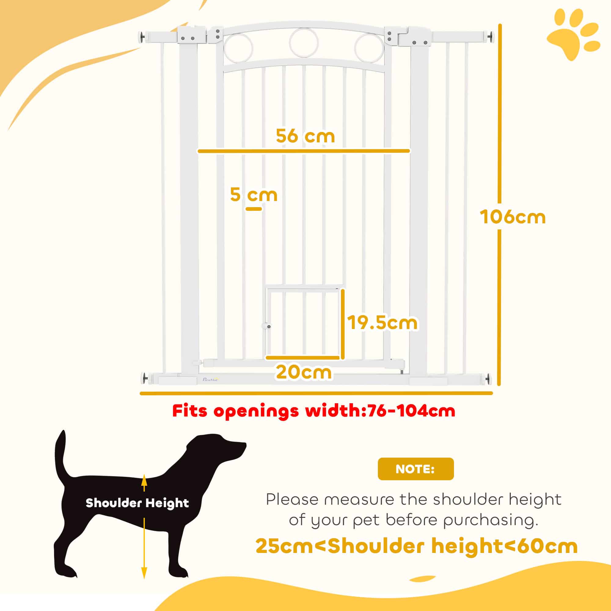 106cm Tall Dog Gate with Cat Door, 7cm and 14cm Extensions, for Stairs, Doorways, 76-104cm Width - Image 3