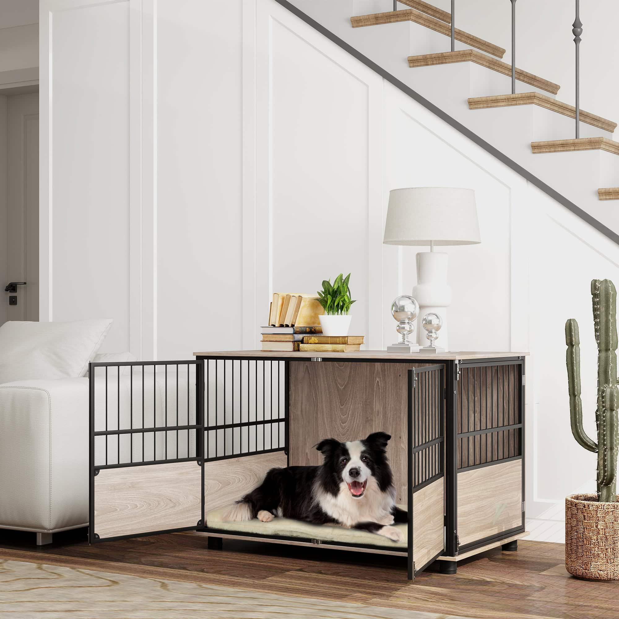 100cm Furniture Style Dog Crate Dog Cage End Table Indoor with 3 Doors Soft Washable Cushion, for Large Sized Dogs - Image 2