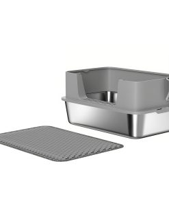 High Sided Stainless Steel Litter Box, Metal Cat Litter Tray with Scoop, Litter Mat, Never Absorbs Odors, Grey