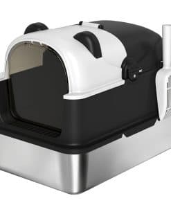 Panda Style XL Stainless Steel Cat Litter Box with Lid, Enclosed Kitty Litter Box with Scoop, 60 x 40 x 45 cm