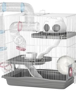 3-Tier Hamster Cage with Exercise Wheels, Water Bottle, Food Dish, for Dwarf Hamsters, 45 x 30 x 45 cm, Grey