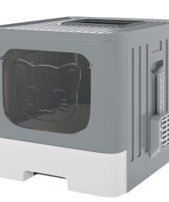 Foldable Cat Litter Box with Lid, Slide-Out Drawer, Scoop, Easy Clean, Odour Control, Anti-Splashing, Grey