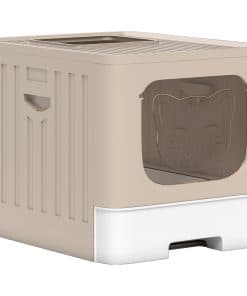 Foldable Cat Litter Box with Lid, Slide-Out Drawer, Scoop, Easy Clean, Odour Control, Anti-Splashing, Khaki