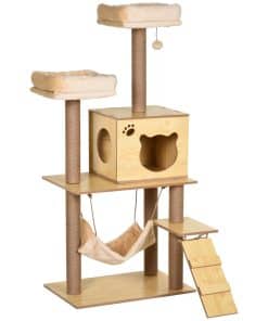 130cm Cat Tree for Indoor Cats, Multi-Level Plush Cat Tower, with Five Scratching Posts, Two Perches, Cat House, Hammock