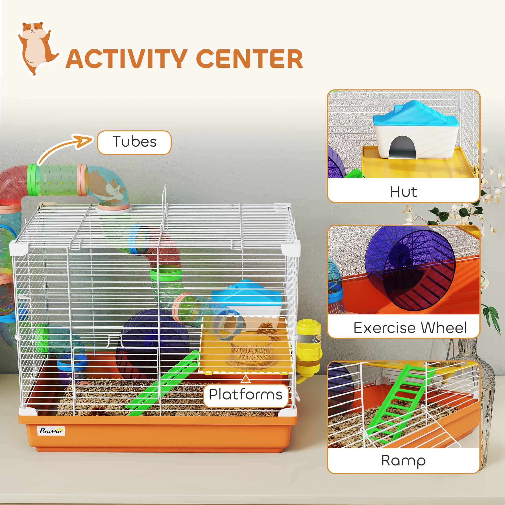 2 Tier Hamster Cage, Gerbil Cage with Handle, Exercise Wheels, Tunnel, Water Bottle, Dishes, Ladder, for Dwarf - Image 4