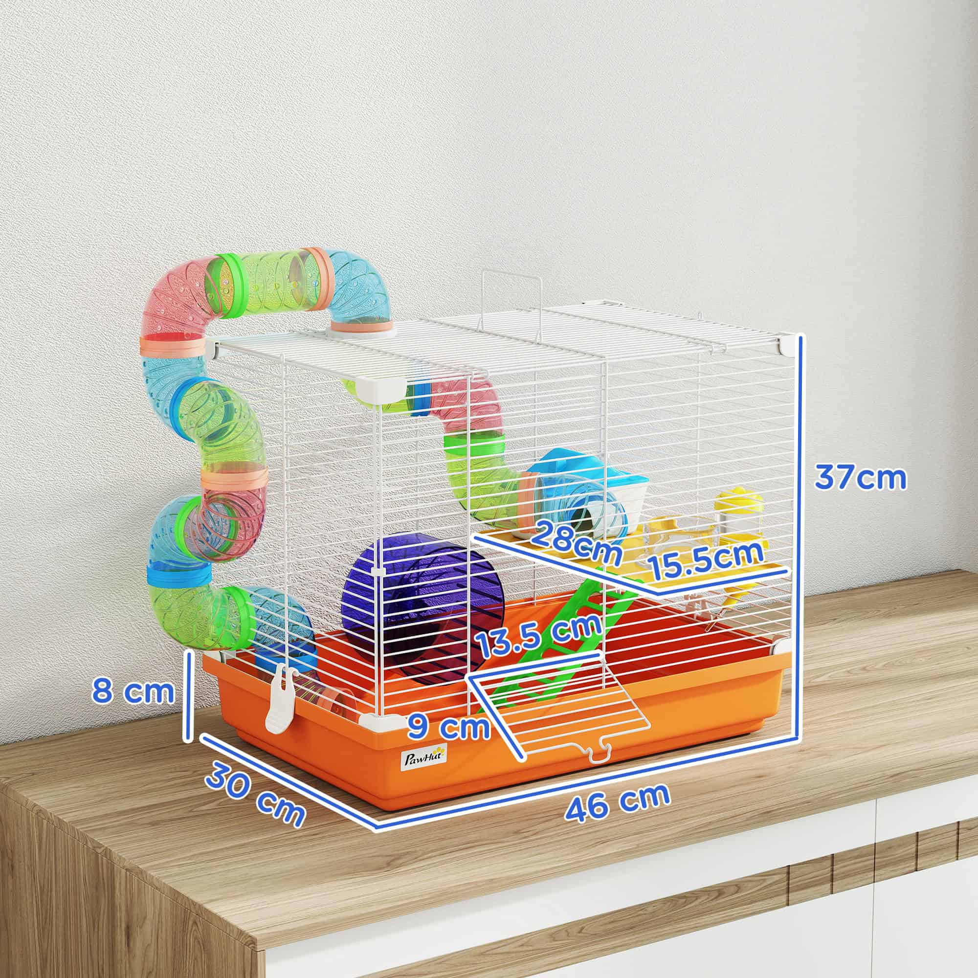 2 Tier Hamster Cage, Gerbil Cage with Handle, Exercise Wheels, Tunnel, Water Bottle, Dishes, Ladder, for Dwarf - Image 3