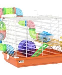 2 Tier Hamster Cage, Gerbil Cage with Handle, Exercise Wheels, Tunnel, Water Bottle, Dishes, Ladder, for Dwarf