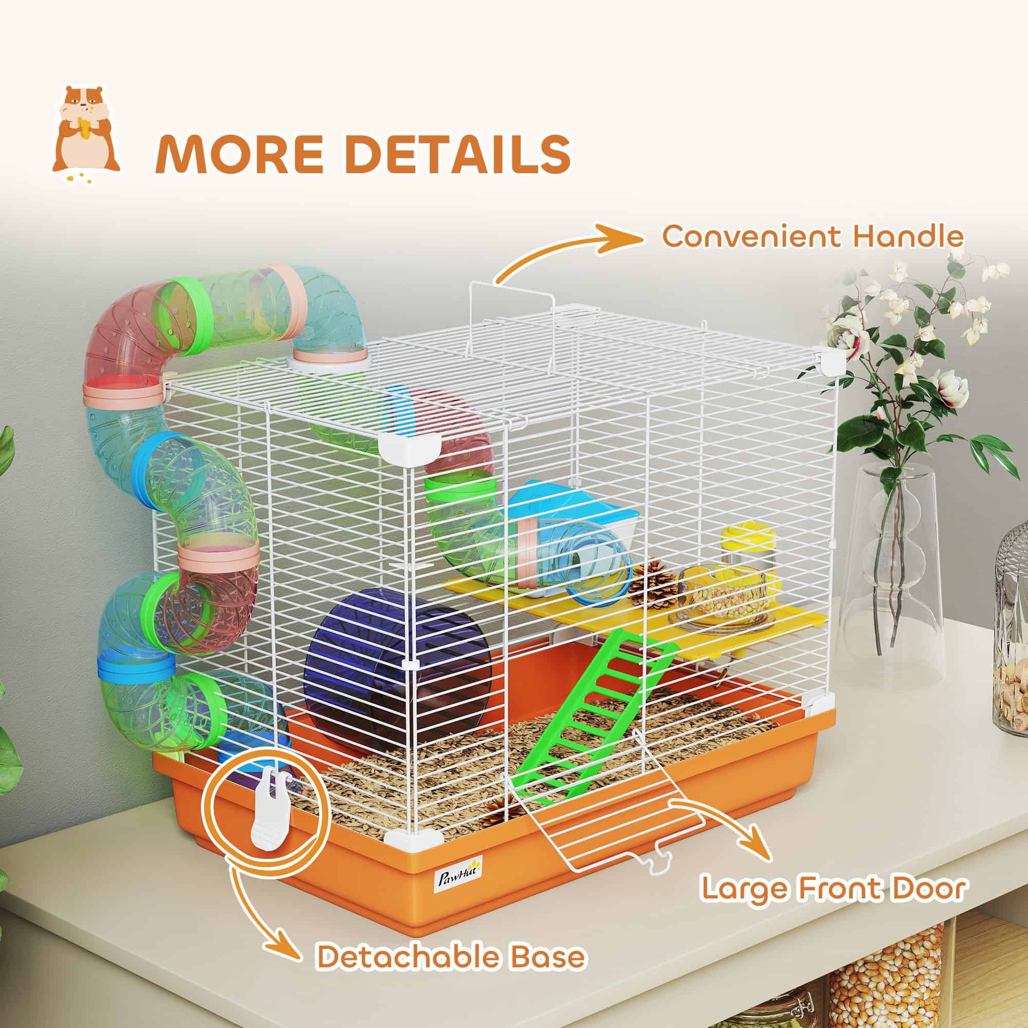 2 Tier Hamster Cage, Gerbil Cage with Handle, Exercise Wheels, Tunnel, Water Bottle, Dishes, Ladder, for Dwarf - Image 6