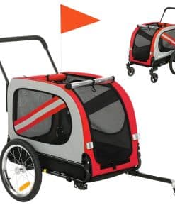 2-In-1 Dog Bike Trailer Pet Stroller with Universal Wheel Reflector Flag Red