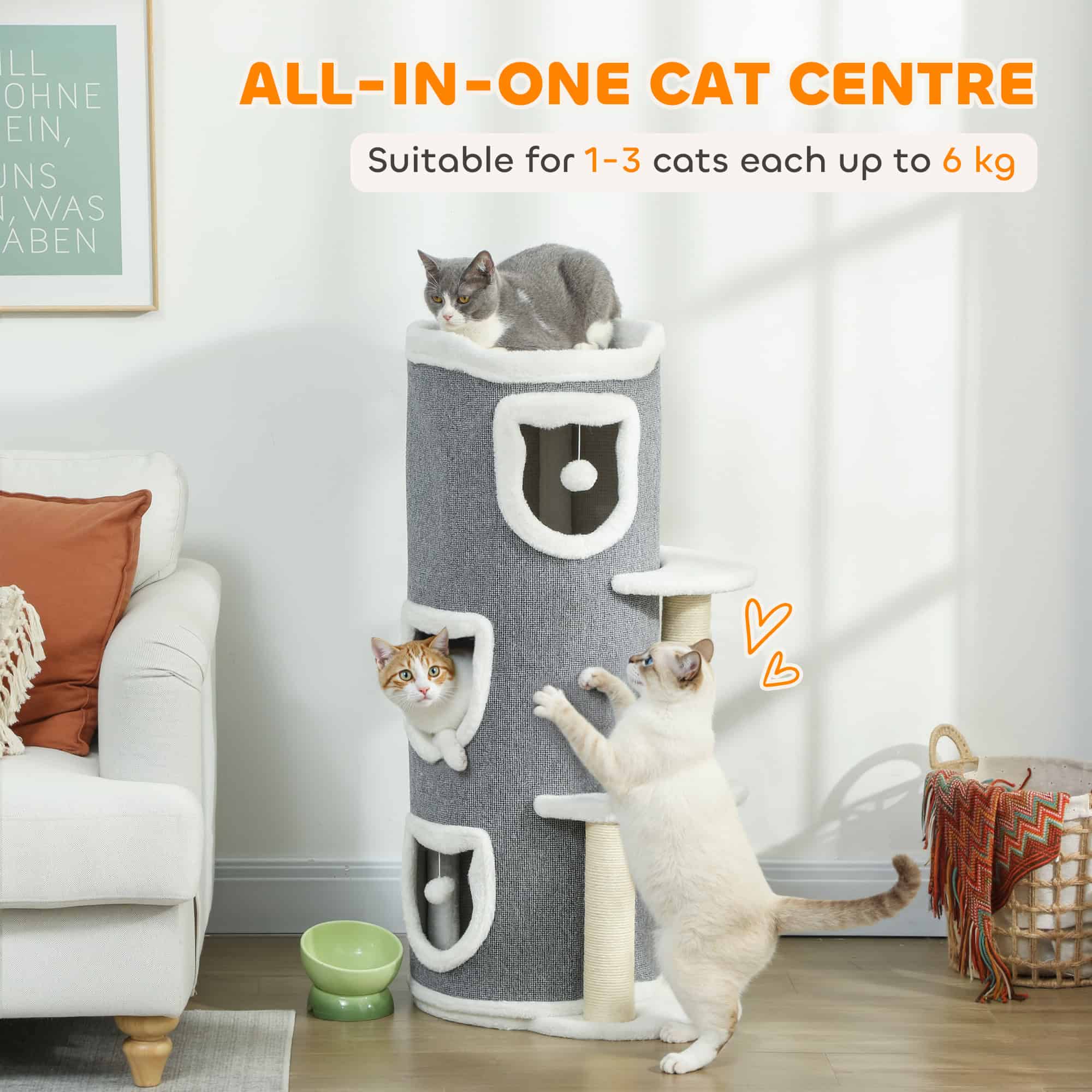 101 cm Cat Tree with Sisal Scratching Posts, 3 Barrel Condos, 3 Platforms, for Indoor Cats to Rest and Play - Image 4