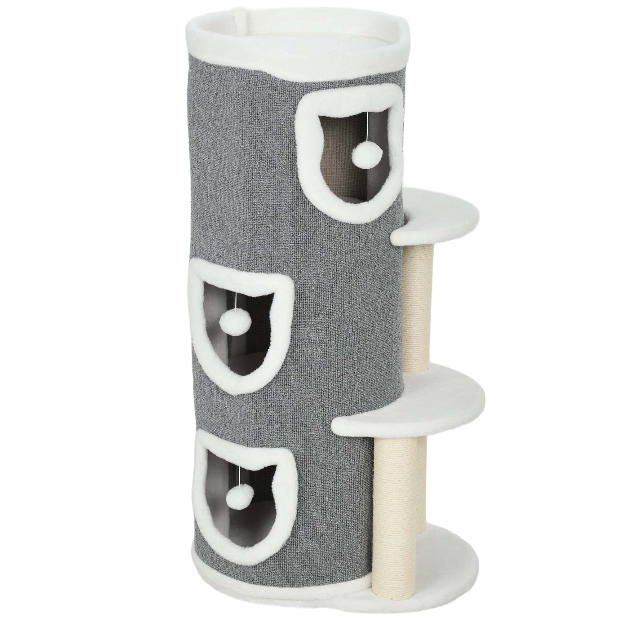 101 cm Cat Tree with Sisal Scratching Posts, 3 Barrel Condos, 3 Platforms, for Indoor Cats to Rest and Play