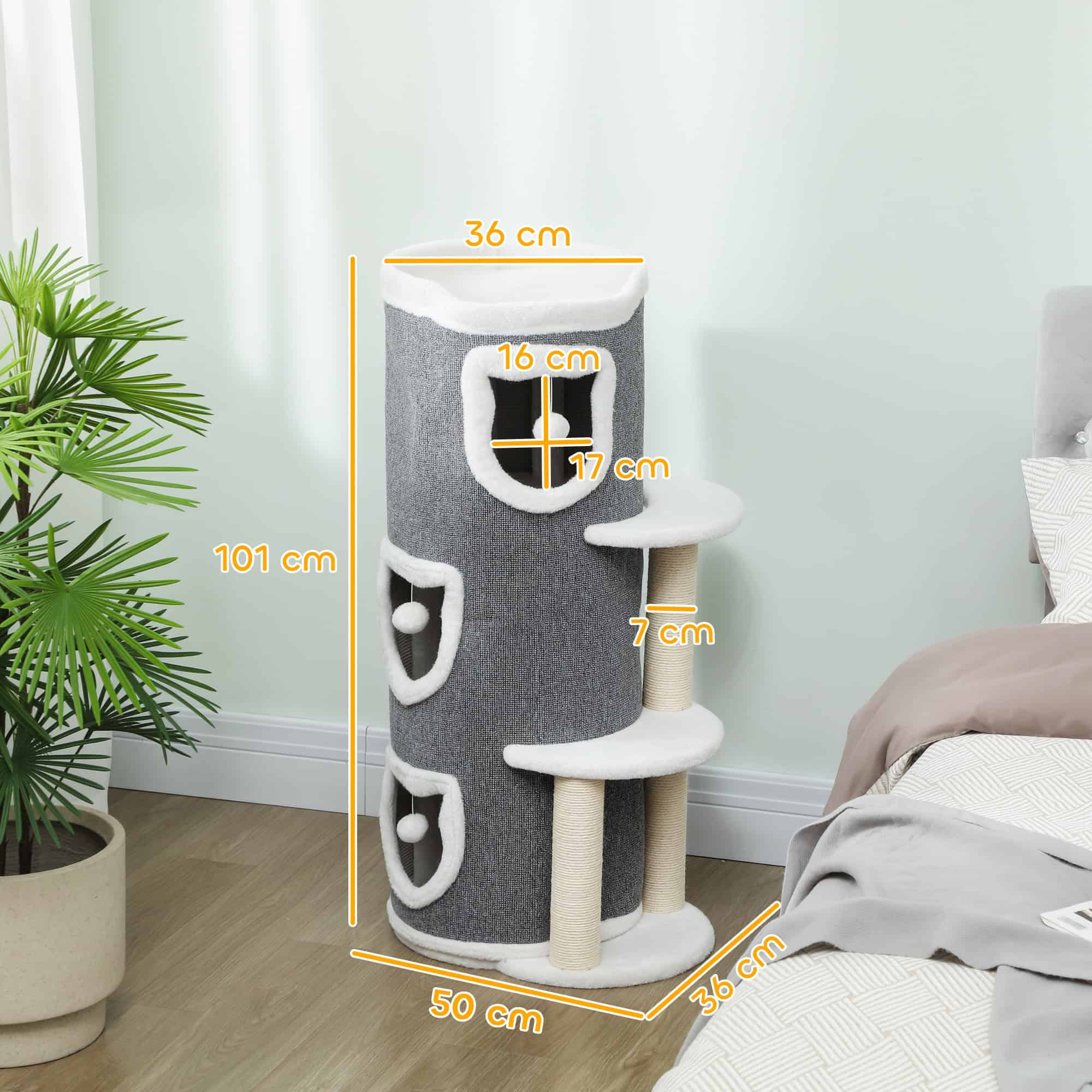 101 cm Cat Tree with Sisal Scratching Posts, 3 Barrel Condos, 3 Platforms, for Indoor Cats to Rest and Play - Image 3
