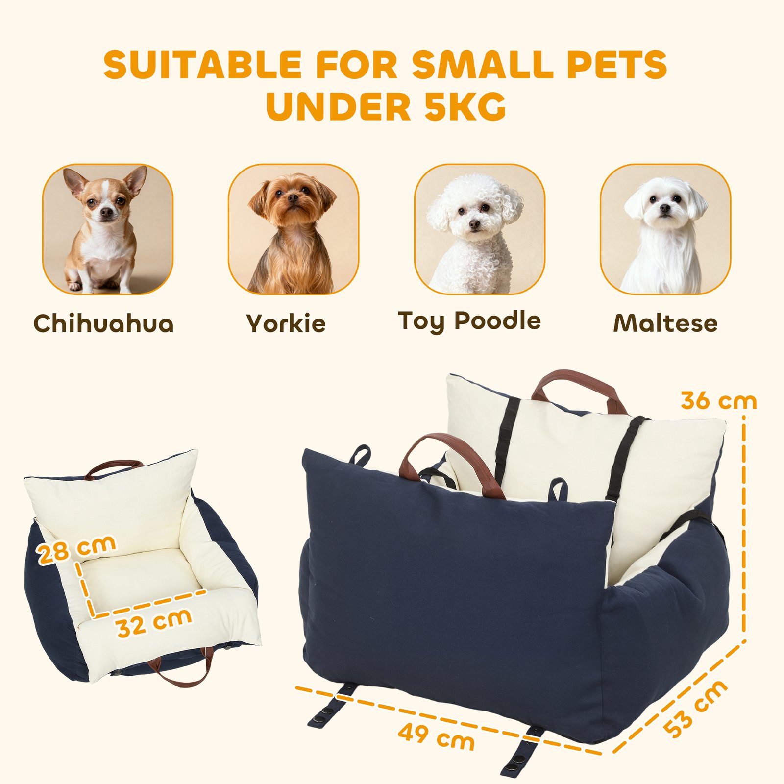 Dog Car Seat, Cosy Pet Car Booster Seat for Small Dog Under 5 KG, Portable Travel Bed with Safety Belts, Navy Blue