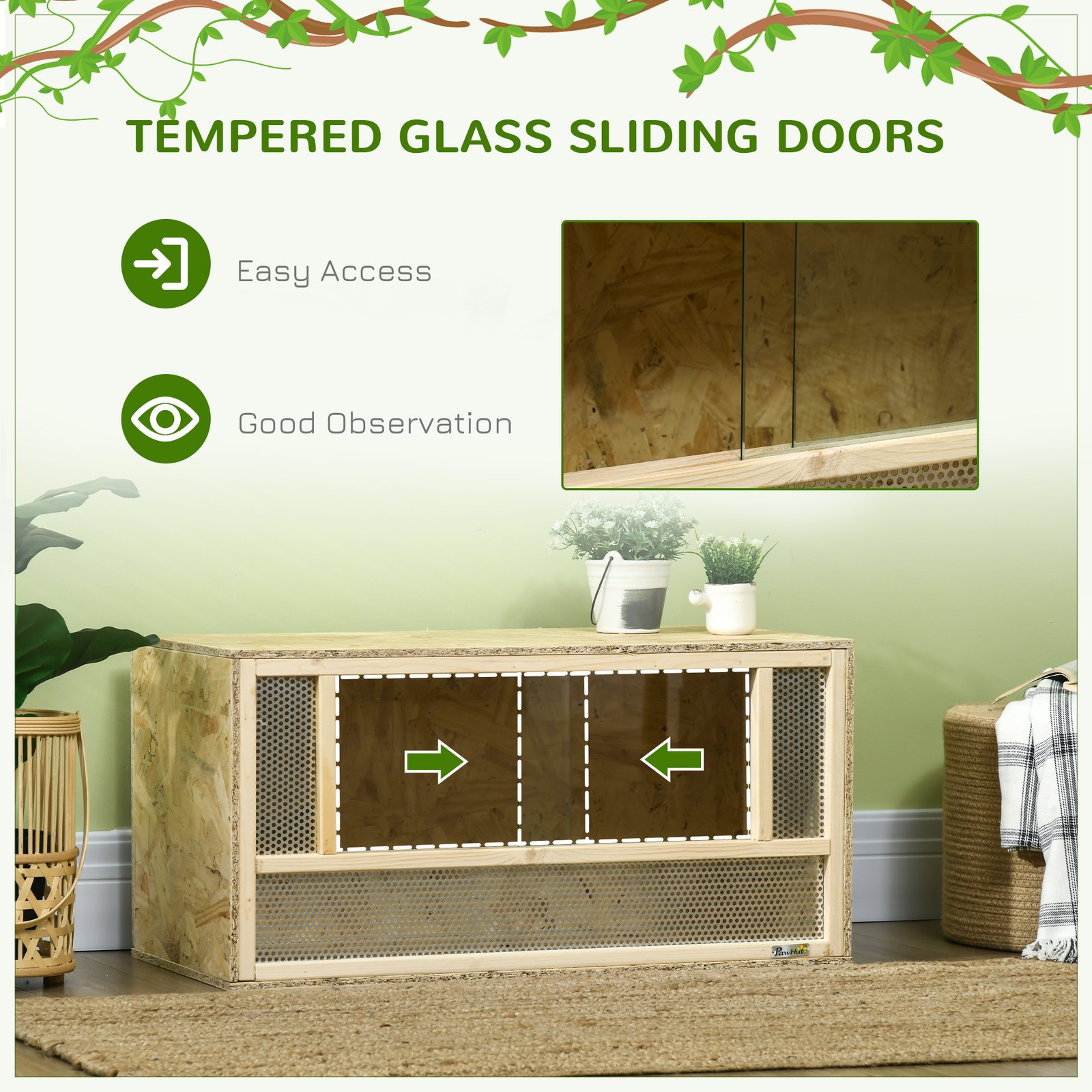 Reptile Terrarium Vivarium Habitat w/ Transparent Sliding Doors, Breathable Mesh, for Lizards, Horned Frogs, Snakes and Chameleons, 80 x 40 x 40 cm