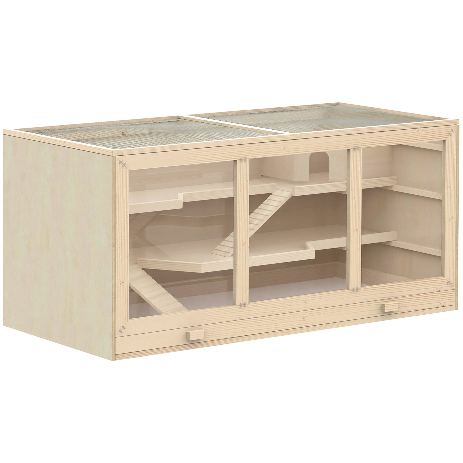 Wooden Hamster Cage, Small Animals Hutch with Tray, Openable Top, Exercise Play House Pen, 115L x 57W x 55Hcm, Natural