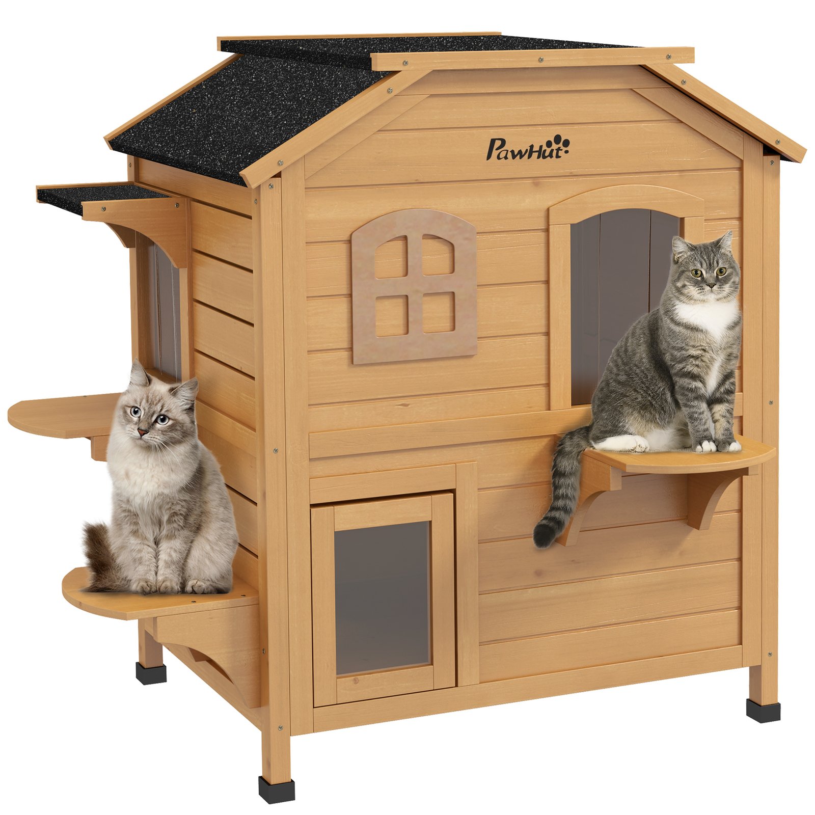  2-story Cat House Outdoor, Weatherproof Wooden Cat Enclosure with Openable Roof, Jumping Platforms, Natural Wood Finish