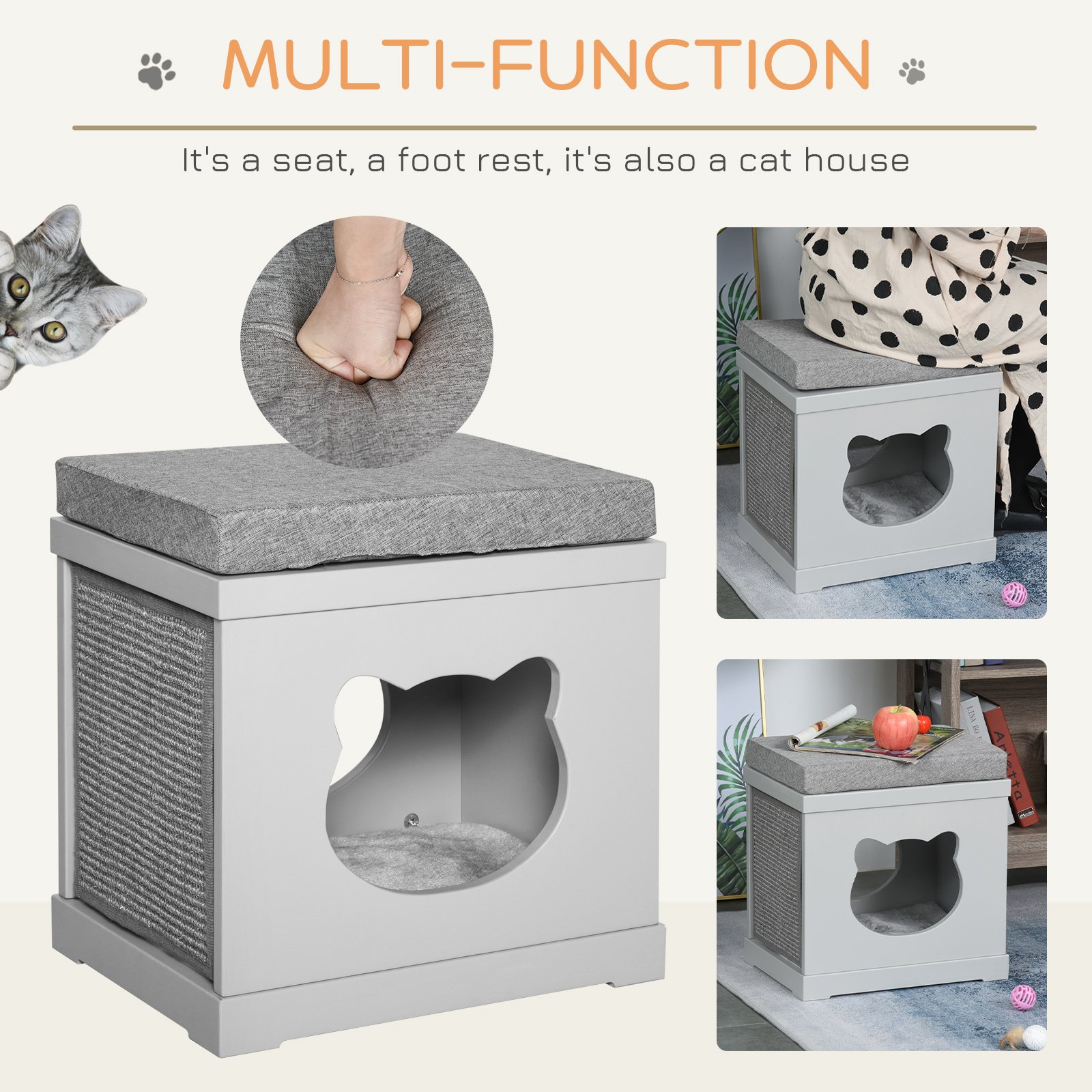 Cat House Bed Kitten Cave Cube Indoor for Small Pet with Removable Sisal Scratching Pads Soft Cushions, 41x30x36 cm, Grey - Image 4