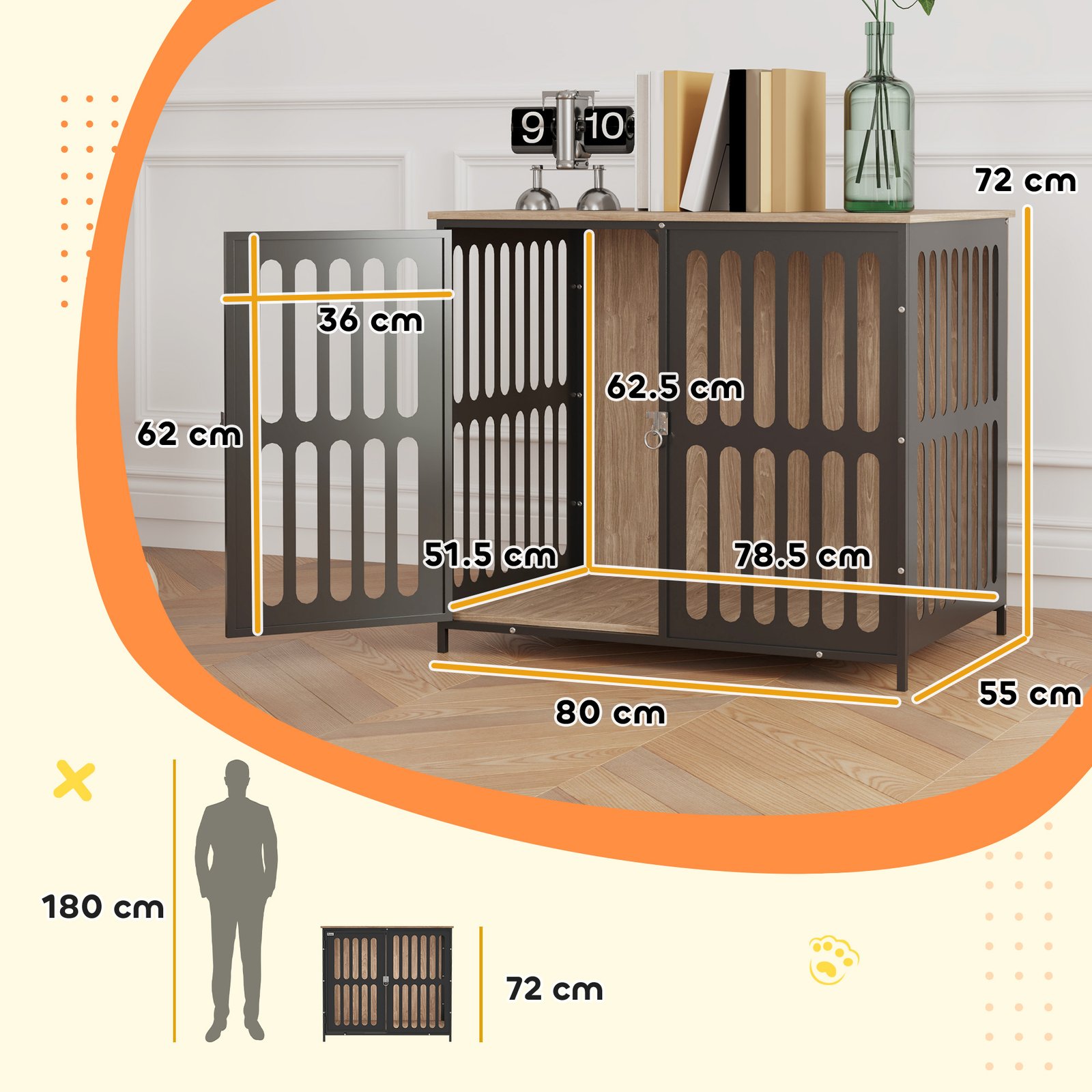 Dog Crate Furniture with Anti-Chew Resistant Mesh, Anti-Escape Single Door, for Medium Dogs, 80 x 55 x 72 cm
