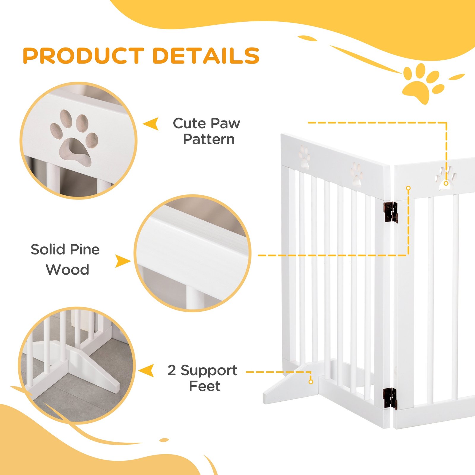 Freestanding Pet Gate 4 Panel Wooden Dog Barrier Folding Safety Fence with Support Feet up to 204cm Long 61cm Tall for Doorway Stairs White