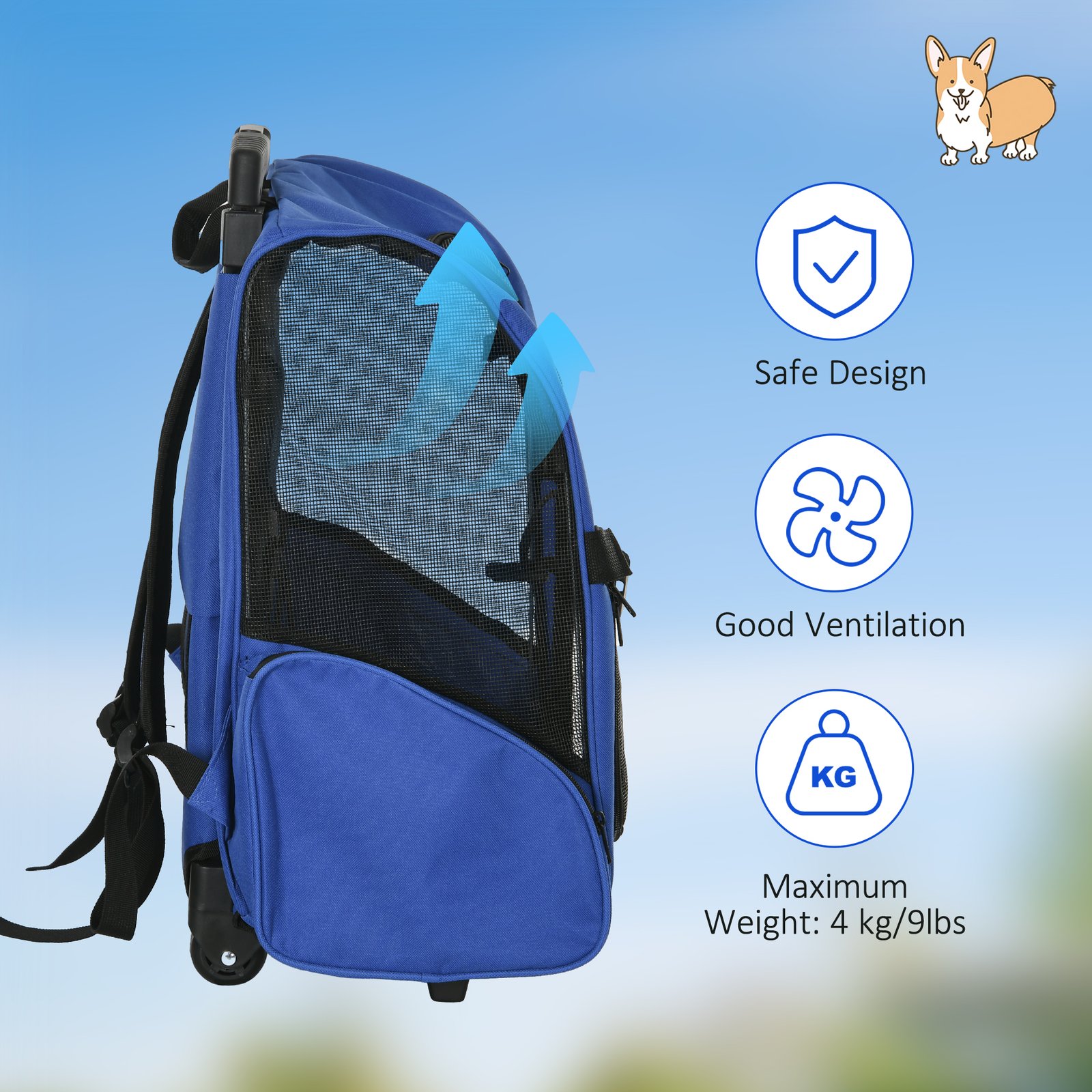 2 in 1 Dog Backpack and Trolley, Pet Travel Backpack Cat Dog Carrier with Telescopic Handle, Portable Pet Stroller Wheel Luggage Bag (Blue)