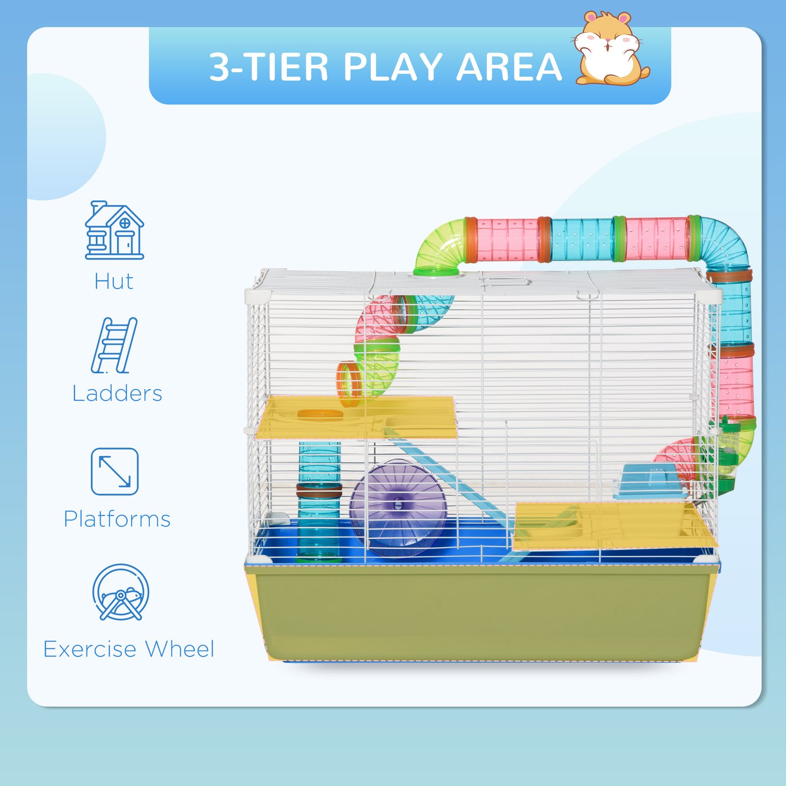 Hamster Cage, Gerbil Cage 3 Tier for Dwarf Hamster with Tube, Exercise Wheel, Water Bottle, Food Dish 59 x 36 x 47 cm- Blue - Image 4