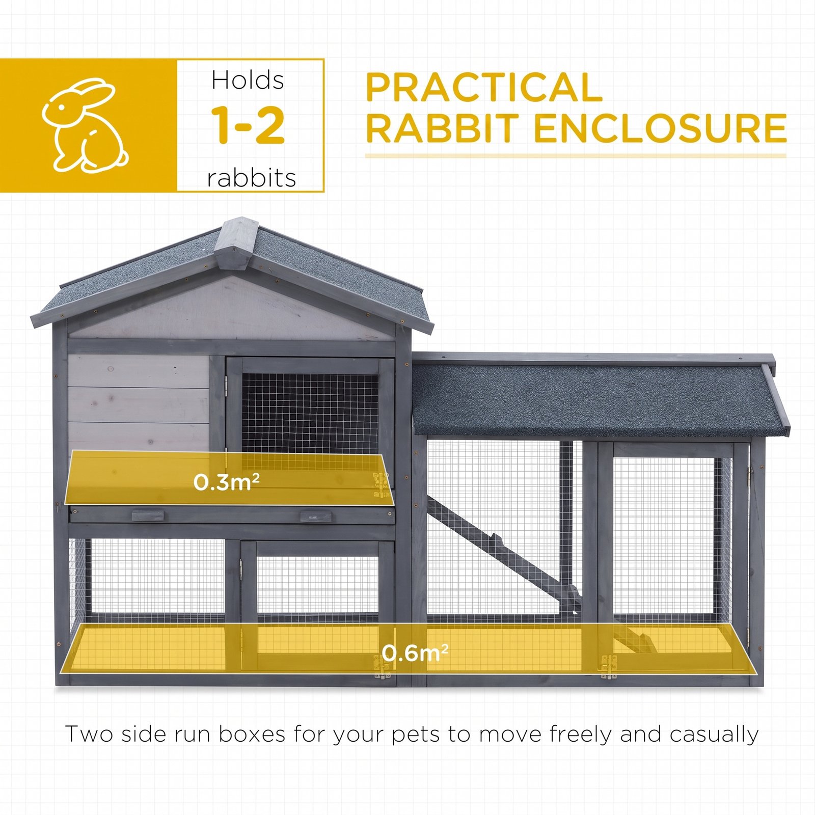 Wooden Rabbit Hutch Outdoor, Double Tier with Water-Resistant Roof, Ramp 147 x 54 x 84 cm, Grey