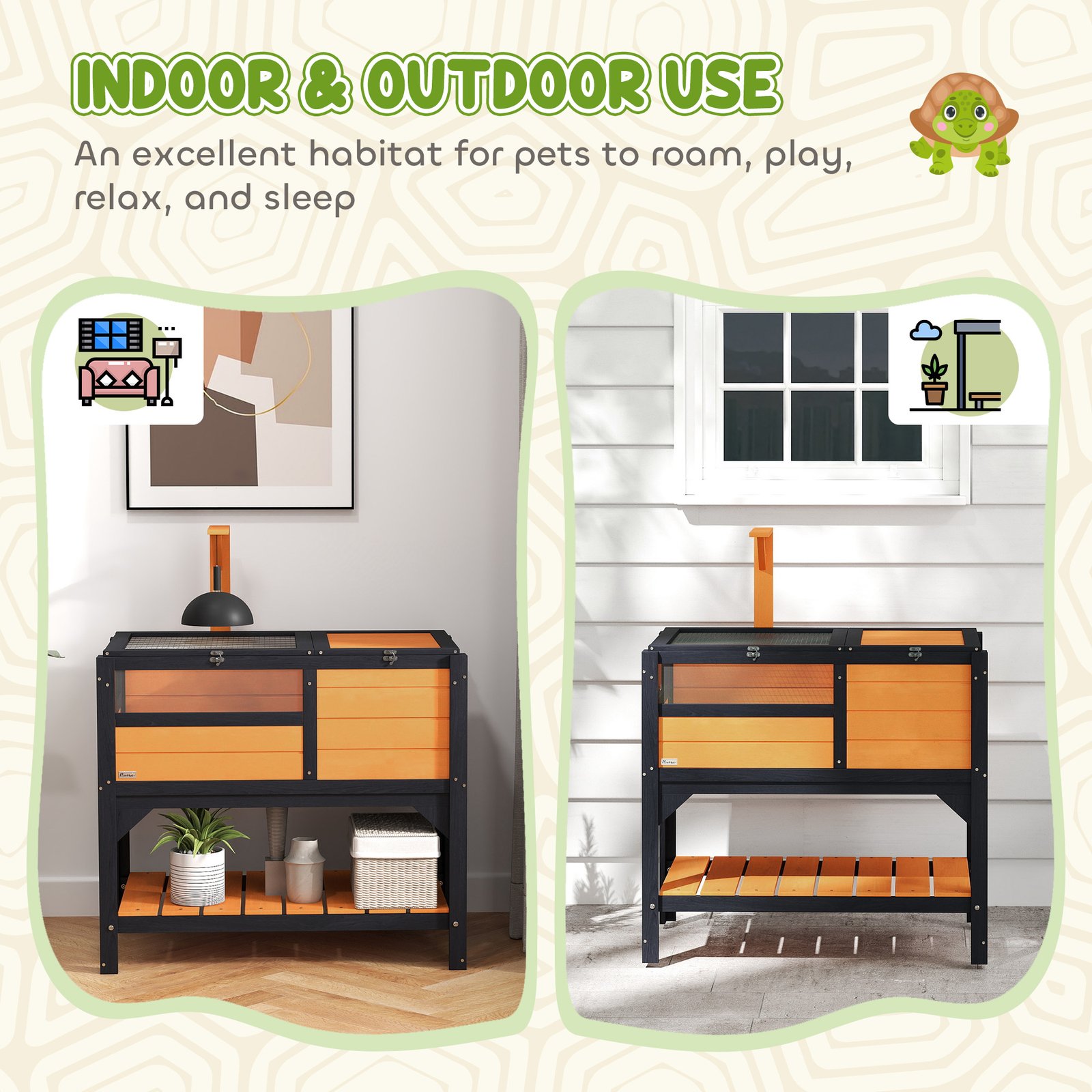 Wooden Tortoise House, with Shelter, Run, Shelf, Lamp Holder, Tray, Yellow
