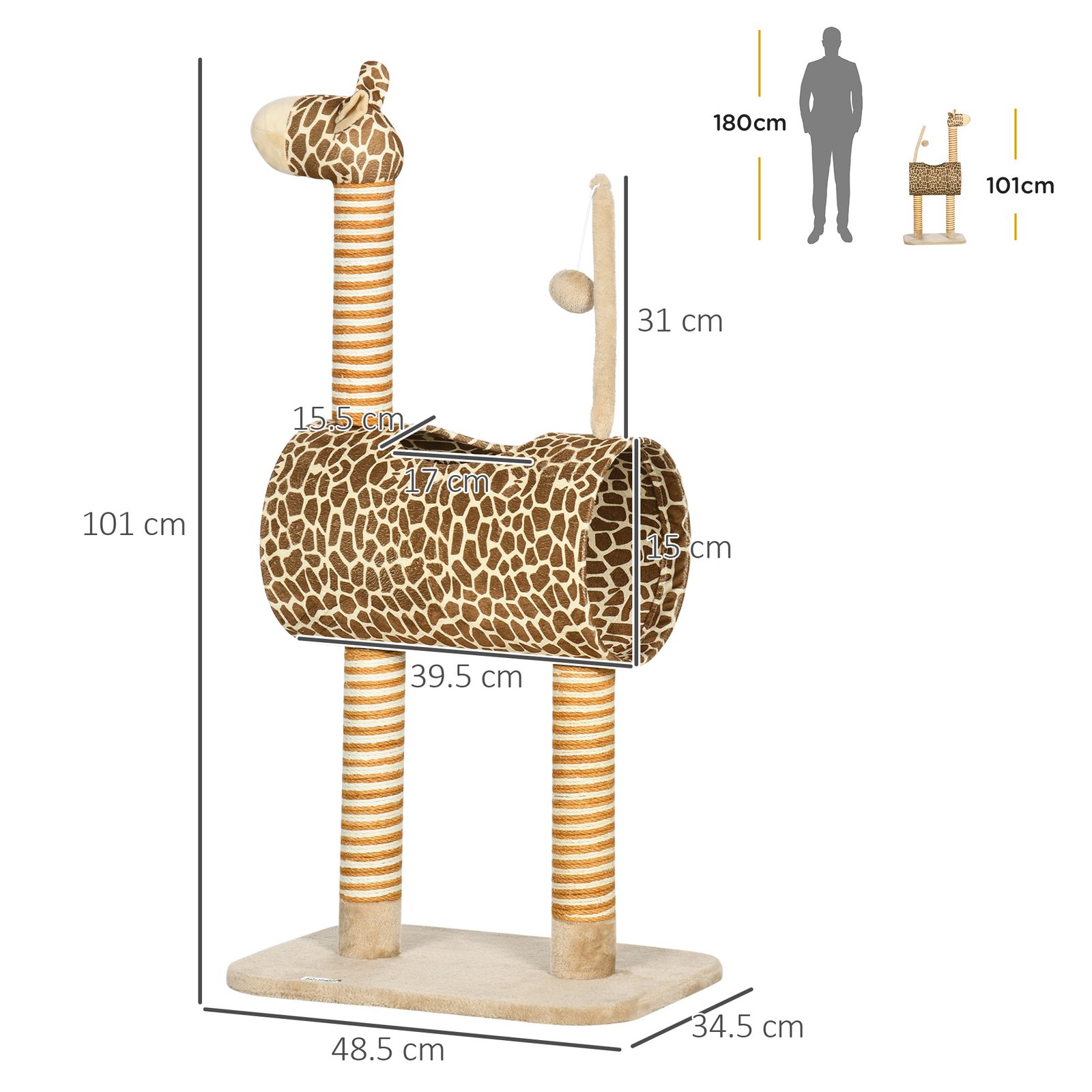 Giraffe-Designed Cat Tree, with Scratching Posts, Cat Tunnel, Toy Ball - Beige - Image 3