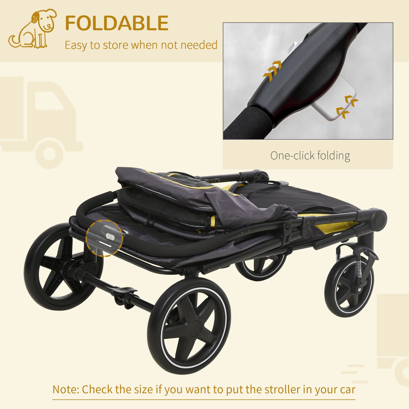 One-Click Foldable Pet Travel Stroller with Rain Cover, Cat Dog Pushchair with Universal Front Wheels, Shock Absorber, Storage Bags, Mesh Window, Safety Leash for Large and Medium Dogs (Grey) - Image 5