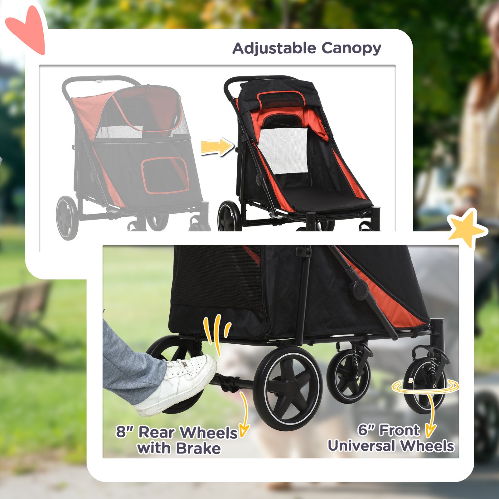 Foldable Pet Stroller, with Universal Wheels, Shock Absorber, for Medium and Large Dogs - Red