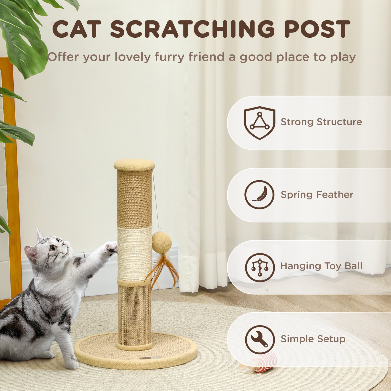 Cat Scratching Post for Indoor Cats, 47cm Tall Cat Scratcher with Jute Sisal Rope, Hanging Toy Ball, Feather, Brown - Image 5
